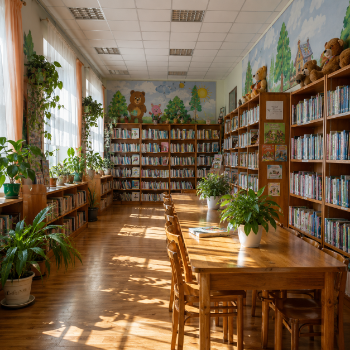 A wide-angle shot captures the interior of a brightly lit library. Tall, wooden bookshelves filled with numerous books line the walls, extending towards the back of the room. In the center, a long, polished wooden table is surrounded by wooden chairs, with several potted plants placed along its length. Sunlight streams in from windows on the left side, casting long shadows across the polished wooden floor, creating a warm and inviting atmosphere. The walls are decorated with colorful murals depicting cartoon characters and landscapes, and stuffed toys are placed atop some of the bookshelves. The perspective is eye-level, looking down the length of the room from the left side, emphasizing the abundance of books and the spacious layout of the library. The overall tone is serene and studious, with a touch of playfulness from the decorations.